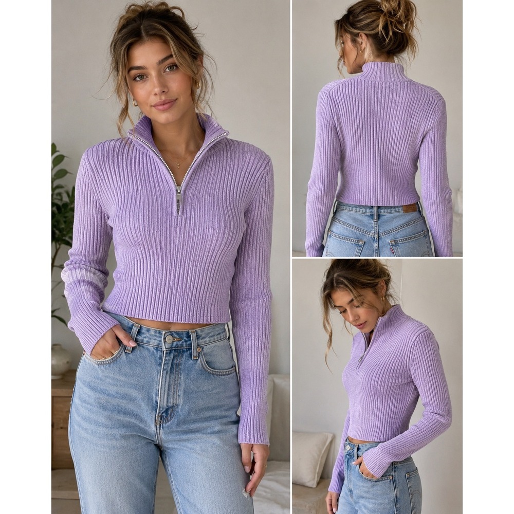 Aerie Lavender Purple Ribbed Quarter Zip Cropped Sweater Mock Neck Womens Medium